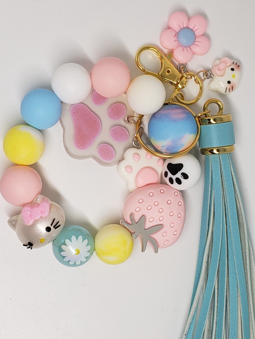 Handmade Silicone Beaded Pastel Kawaii Strawberry Hello Kitty Keychain Wristlet